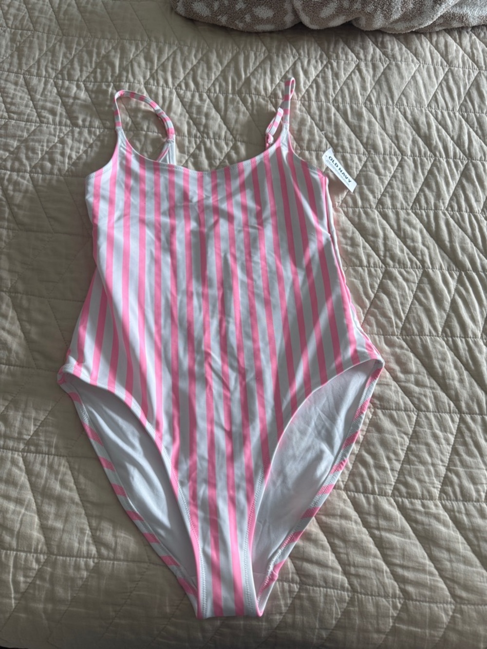 Old Navy Pink and White Striped One-Piece Swimsuit